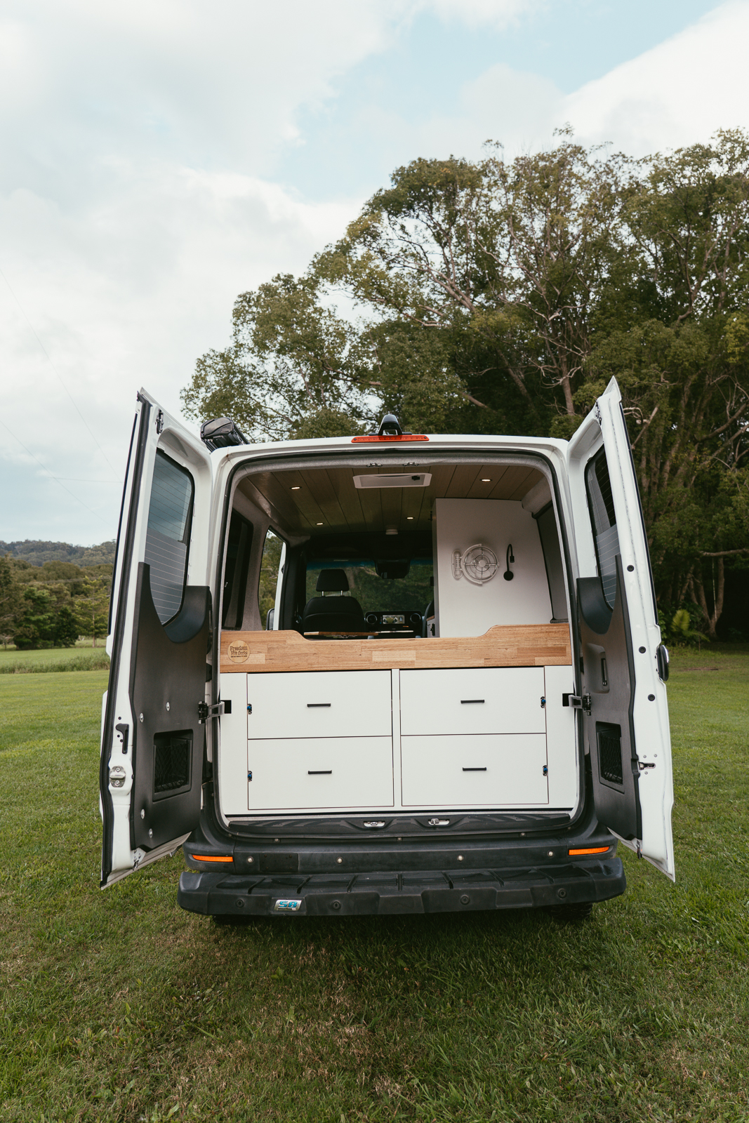 2019 4x4 ex-ambulance Sprinter camper conversion, rear doors open