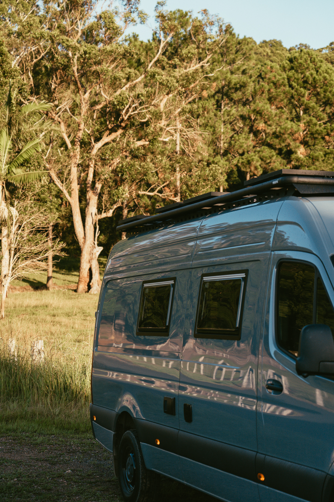 2025 AWD Sprinter parked at dusk with Wedgetail roof rack